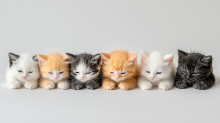 A charming scene featuring a row of colorful kittens. These adorable young cats display a range of fur colors, showcasing their playful and innocent nature. Perfect for any animal lover.の素材