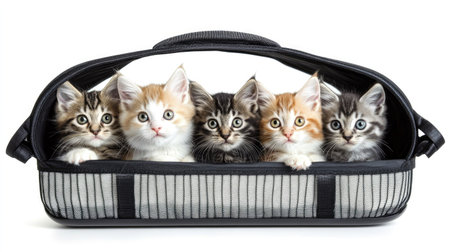 This charming image features five multicolored kittens peering curiously from a soft carrier, showcasing their delightful personalities and playful nature.の素材