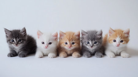 A charming portrait of five colorful kittens lined up in a row. Each kitten showcases its unique fur pattern and playful demeanor, perfect for cat lovers.の素材