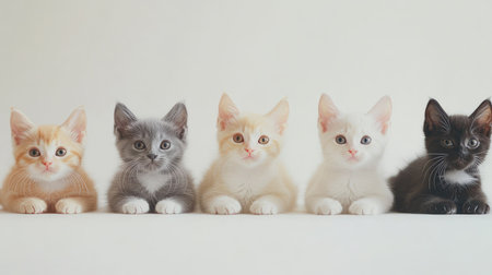 Five adorable kittens in a row, each with unique colors and expressions. This image captures their playful nature and charm, perfect for animal lovers.の素材