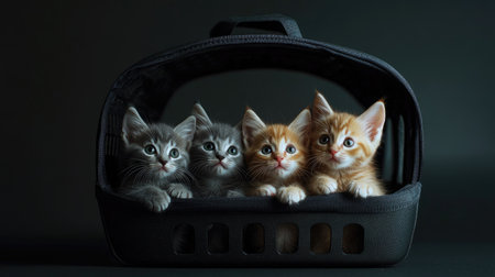 Four adorable kittens, two gray and two orange, snuggle together in a cozy carrier, showcasing their playful and sweet personalities in a serene moment.の素材