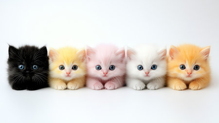 A charming arrangement of five colorful kittens showcasing their adorable features. This delightful image captures the playful essence of these young cats.の素材