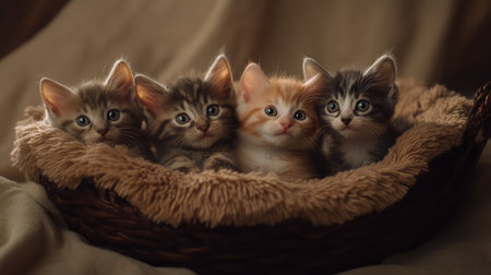 This charming image captures a cozy moment featuring five small multicolored kittens resting together in a soft basket, exuding warmth and cuteness. Perfect for animal lovers!の素材