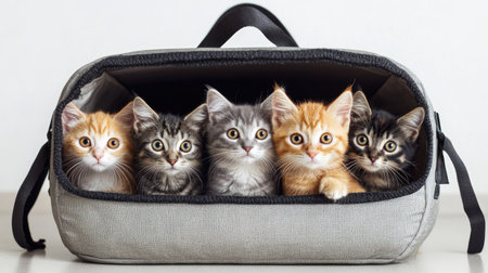 This charming image captures a cozy moment with five adorable kittens peeking out from a stylish bag, showcasing their playful and curious nature.の素材