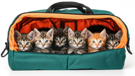 A charming scene featuring five distinct kittens nestled in a cozy bag, showcasing their unique colors and playful personalities. Perfect for animal lovers!の素材