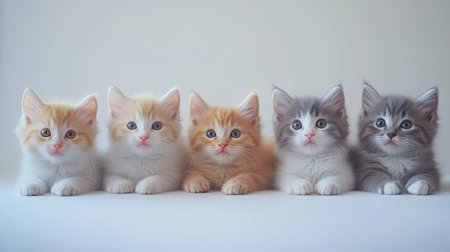 A delightful arrangement of five adorable kittens, showcasing their playful personalities and charming expressions on a soft background. Perfect for cat lovers!の素材