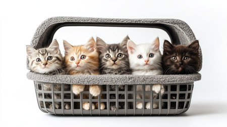 This charming image features five adorable kittens peeking out from a cozy basket, showcasing a delightful variety of fur colors and expressive faces, perfect for animal lovers.の素材