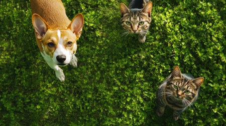A cheerful dog and two curious cats explore a vibrant green setting, capturing a joyful moment of friendship and playfulness in nature.の素材