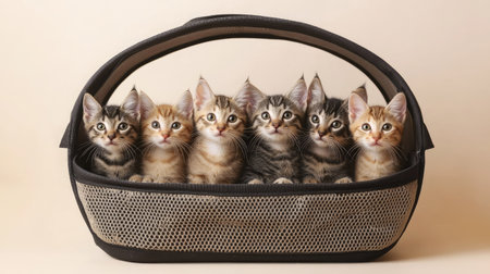 Five adorable kittens sit together in a stylish tote bag, showcasing their playful nature and variety of colors. Perfect for animal lovers and cat enthusiasts.の素材