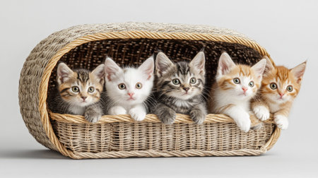 Five playful kittens comfortably nestled in a woven basket, showcasing their adorable personalities and vibrant colors, perfect for pet lovers.の素材