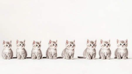 A charming group of seven silver patterned kittens sitting together, showcasing their playful nature and adorable expressions against a clean white background.の素材