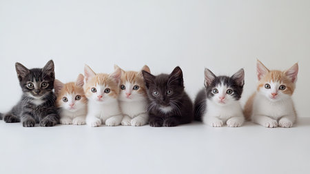 A delightful row of cute kittens showcasing various colors and expressions. Perfect for pet lovers, this image captures the joy and innocence of young cats in a bright, clean setting.の素材