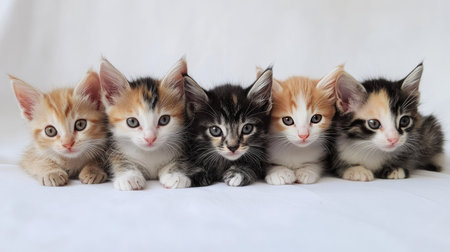 Five adorable kittens pose together, showcasing their playful and charming personalities. Perfect for animal lovers, this image captures youthful joy and companionship.の素材