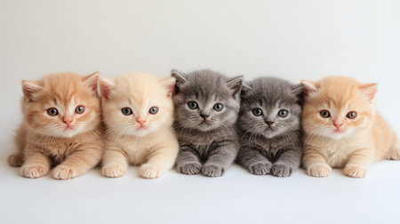 This charming image features a group of five adorable kittens sitting closely together. Each kitten showcases unique fur colors and expressions, radiating cuteness and playfulness.の素材