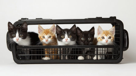 A charming scene featuring a group of five kittens peering out playfully from a pet carrier. Each kitten showcases unique fur patterns and curious expressions, embodying the spirit of youthful innocence.の素材
