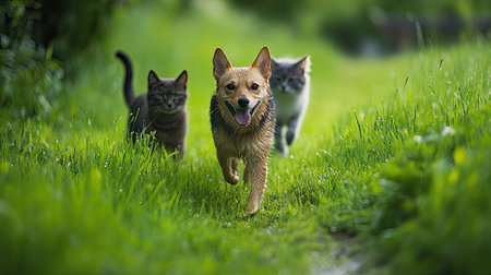 A cheerful dog leads the way through lush green grass, accompanied by playful cats. Perfect for capturing the essence of outdoor pet adventures.の素材