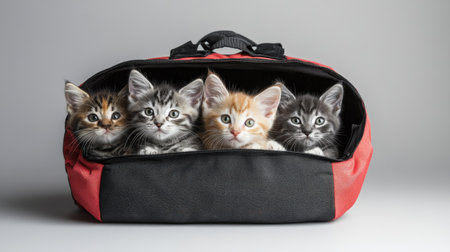 Capture a heartwarming moment with five adorable kittens nestled together in a bag, showcasing their playful nature and cozy personalities. Perfect for pet lovers.の素材