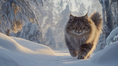 A large Siberian cat gracefully walks through a snowy forest, showcasing its fluffy fur amid the serene winter landscape, creating a magical and tranquil scene.の素材
