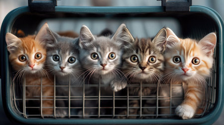 Five adorable kittens of different colors peek out from a basket, showcasing their playful nature and curious expressions in a heartwarming scene.の素材
