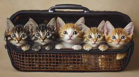 This endearing image features five adorable kittens peeking out from a stylish carrying case, showcasing their playful personalities and heartwarming expressions. Perfect for animal lovers!の素材