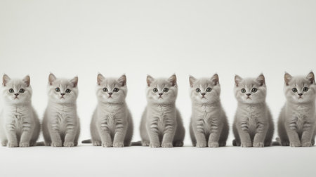 A charming lineup of seven British Shorthair kittens, showcasing their playful personalities and fluffy gray coats. Perfect for cat lovers and pet enthusiasts!の素材