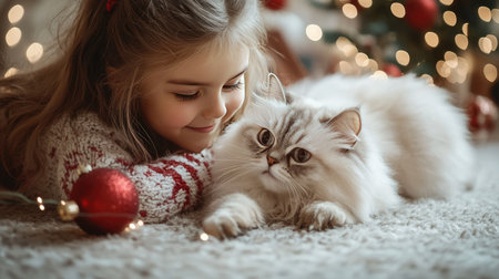 A joyful girl lies next to her fluffy Persian cat, enjoying playful moments amidst a festive holiday atmosphere filled with warmth and cheer.の素材
