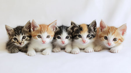 A charming group of five kittens sitting together, showcasing their unique fur patterns and playful expressions. Perfect for pet lovers and animal enthusiasts.の素材