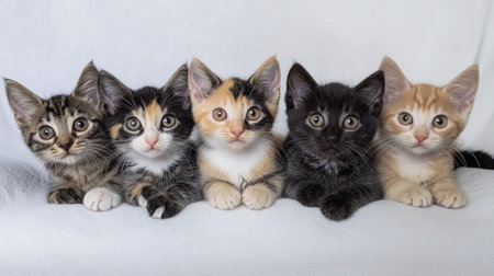 This charming image showcases five adorable kittens resting side by side on a soft surface, each displaying unique colors and delightful expressions. Perfect for animal lovers!の素材