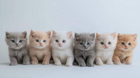 A charming litter of six adorable British Shorthair kittens, each with unique colors and expressions, lined up against a soft background, perfect for pet lovers.の素材