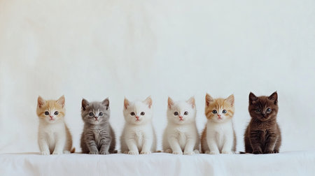A delightful lineup of six British Shorthair kittens showcasing their unique colors and playful demeanor, perfect for cat lovers and pet enthusiasts.の素材