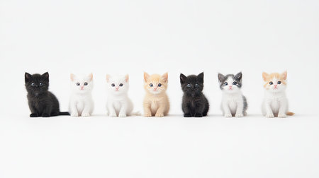 A delightful lineup of adorable British Shorthair kittens in various colors, showcasing their playful nature and charming expressions in a bright, minimalist setting.の素材