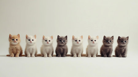 A delightful group of adorable British Shorthair kittens sitting in a row, showcasing their fluffy fur and charming expressions against a soft background.の素材