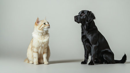 An adorable black puppy and a fluffy cream cat sit together, showcasing their curious expressions and playful companionship in a neutral background.の素材
