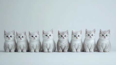 A charming lineup of seven fluffy kittens in a soft, light background. Each kitten displays a unique expression, showcasing their playful and adorable nature. Perfect for animal lovers!の素材