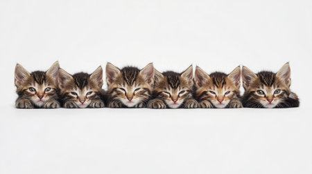 A charming scene featuring a litter of playful kittens lined up in a row. Their adorable faces and playful demeanor capture the essence of youthful joy and companionship. Perfect for cat lovers and animal enthusiasts!の素材