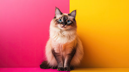 This image features a stunning cat with a beautiful coat, sitting gracefully against a vibrant pink and yellow background. Perfect for pet lovers and art enthusiasts alike.の素材