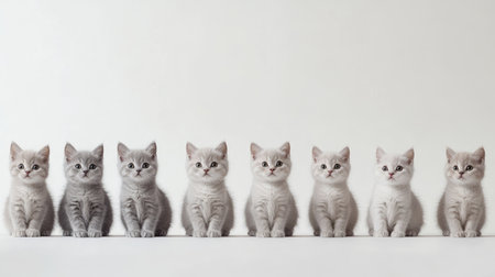 A charming group of seven kittens lined up in a neat formation, showcasing their soft gray fur and playful expressions against a light background. Perfect for cat lovers!の素材