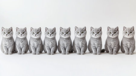 A charming arrangement of patterned silver cats in a row, showcasing their adorable expressions and fluffy features against a minimalist background. Perfect for cat lovers!の素材