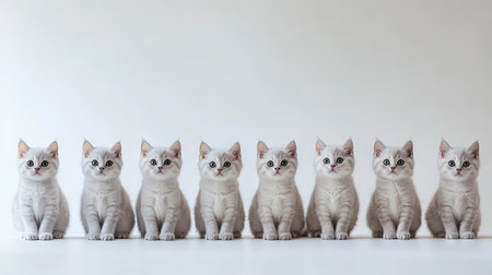 A charming lineup of eight British Shorthair kittens seated in a row, showcasing their playful nature and adorable expressions, perfect for animal lovers.の素材