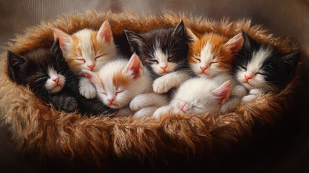 This heartwarming image depicts a group of tiny, multicolored kittens peacefully sleeping in a fluffy nest. Their adorable expressions create a serene and cozy atmosphere.の素材
