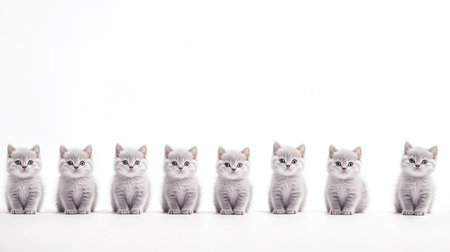 A charming lineup of cute British Shorthair kittens, sitting in a row against a clean background. Their soft fur and expressive eyes bring joy and warmth. Perfect for any animal lover!の素材