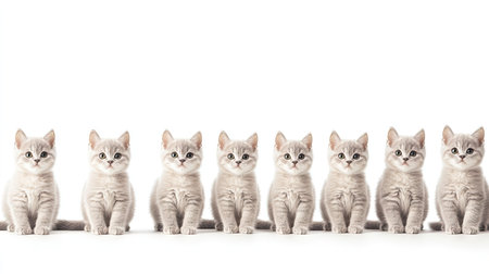 Discover a charming lineup of adorable British Shorthair kittens, perfectly arranged in a row, showcasing their playful nature and delightful expressions.の素材