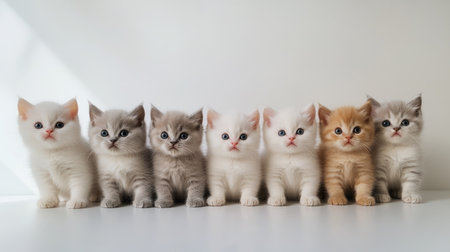 Explore the charm of six adorable British Shorthair kittens lined up in a row. Their innocent expressions and soft fur make them irresistible companions.の素材