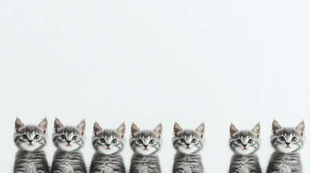 A charming row of seven adorable gray kittens sitting against a clean white background, showcasing their playful nature and innocence. Perfect for pet lovers!の素材