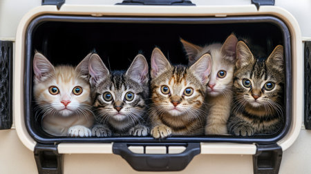 A captivating image of five different colored kittens peering out from a pet carrier, showcasing their playful and curious nature. Perfect for animal lovers.の素材