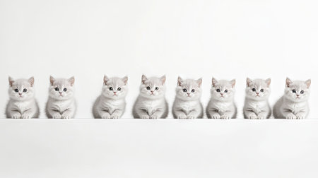 A charming collection of British Shorthair kittens perfectly lined up in a row, showcasing their playful nature and adorable features against a minimalist backdrop.の素材