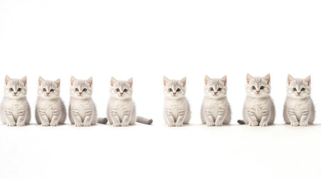 A charming lineup of seven British Shorthair kittens sitting in a row, showcasing their adorable features and playful personalities against a clean backdrop.の素材