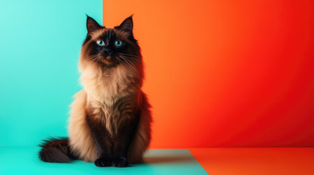 A stunning cat with a gorgeous fur coat poses against a vibrant orange and teal background. This captivating portrait highlights the cat's expressive blue eyes and fluffy demeanor.の素材