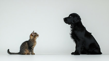 A cute black puppy sits next to a tabby kitten, both gazing curiously at each other. This heartwarming scene captures the beauty of companionship between pets.の素材
