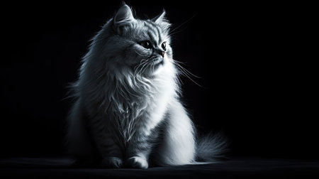 A striking portrait of a Persian cat showcasing its luxurious flowing fur. The serene expression and elegant posture highlight the cat's charm against a dramatic black background.の素材